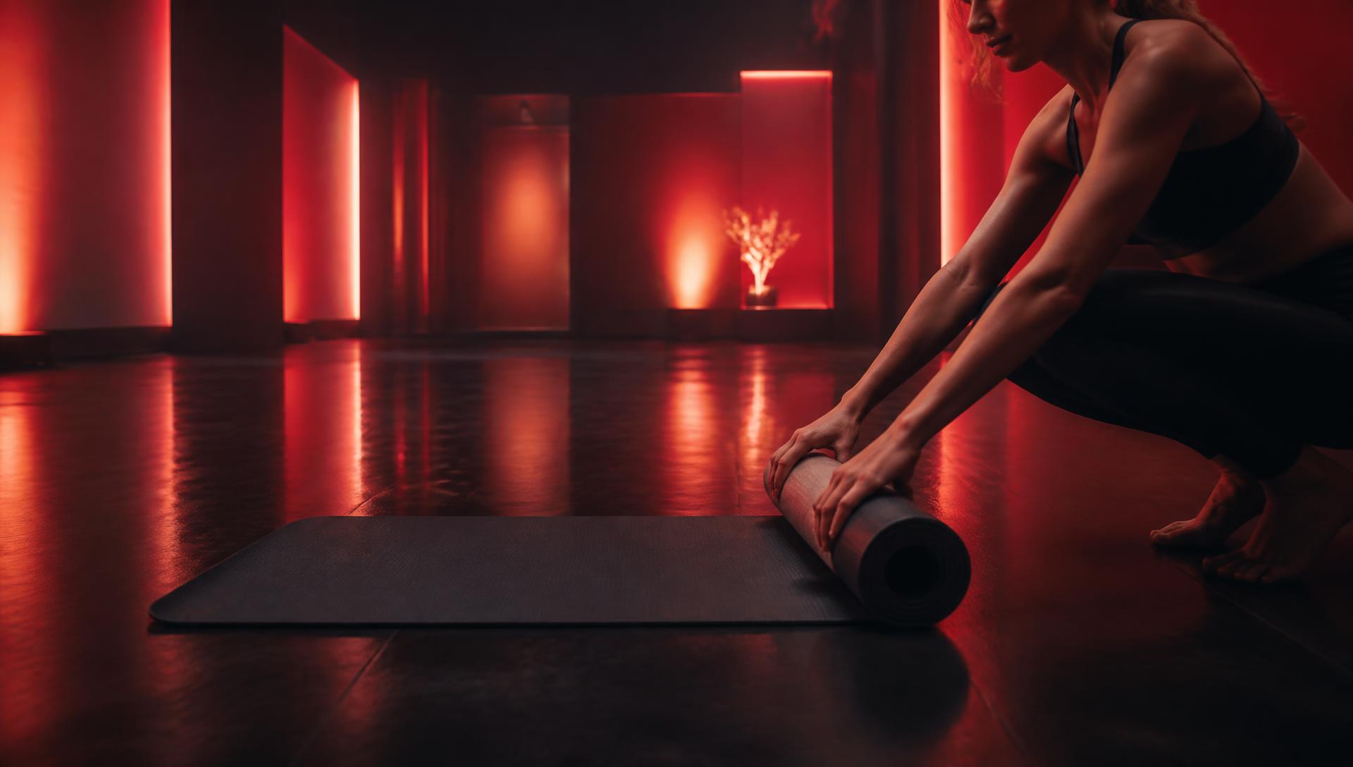 Manos desenrollando un mat en el estudio bajo luz roja cálida antes de la clase